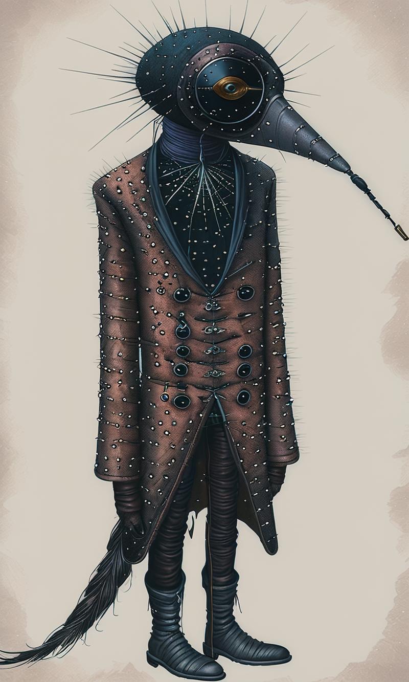 43186760-3304471829-serco style, plague doctor in Victorian attire, textured coat with rivet embellishments, elongated beak mask with a single gleam.png